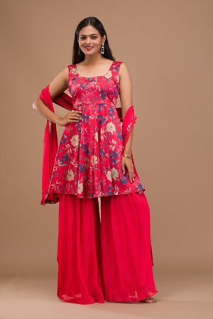 Red Printed Semi Crepe Readymade Sharara Suit